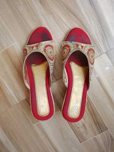 Red &amp; Gold Embellished Mules