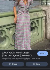 Zara Branded Plaid Puff Sleeve Midi Dress