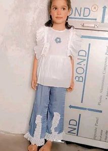Ruffle Top & Soft Denim Pant Set For Girls