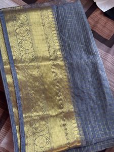 Elegant Grey &amp; Gold Checked Saree