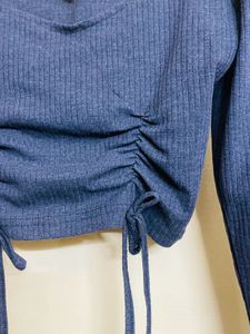 Navy Blue Ruched ribbed  Drawstring Top