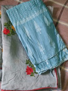 Elegant Embroidered  Saree With Blue Cotton Dupatt