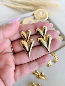 Gold Double Heart Drop Earrings