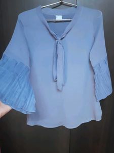 Elegant Blue Tie-Neck Blouse