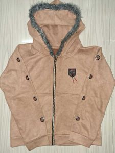 Faux Fur Trim short Hoodie in tan color