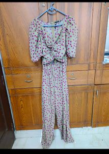 Beige Jumpsuit With Pink Polka Dots