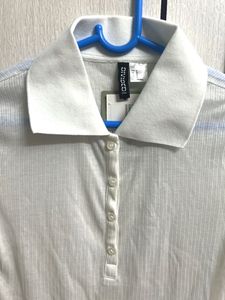 H&amp;M White Ribbed Polo Top