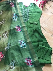 Green Kurti Set with Floral Dupatta