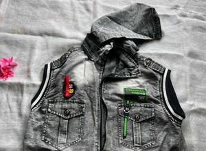 Gray Denim Vest with Hood