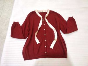 Korean Burgundy Cardigan with Ribbon