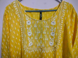 Yellow Embroidered Cotton Kurta