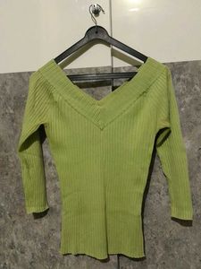 Lime Green V-Neck Ribbed Knit Top