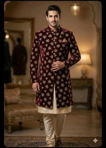 Elegant Maroon Velvet Sherwani Set