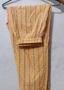 XL Yellow Cotton Kurti Set( Pant And Dupatta)