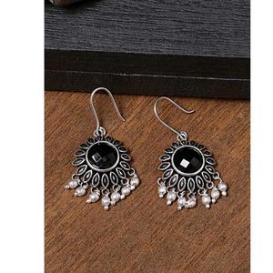 Silver Tone Black Stone Drop Earrings
