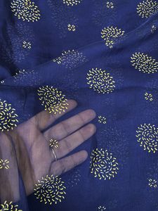 Blue Organza Silk Saree With Gold Floral Print