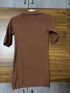 Earth Brown Ribbed Polo Dress