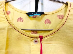 Yellow Kurti with Red Kadhai Work &amp; painted Motif
