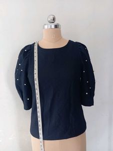Navy Puff Sleeve Top with Pearl Detail