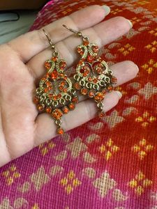 Ethnic Golden And Orange Earrings
