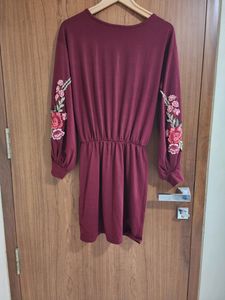 Burgundy Dress With Floral Sleeves