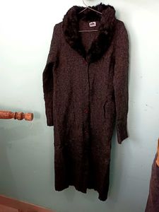 Faux Fur Collar Long Cardigan