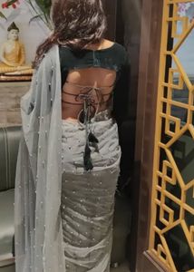 Elegant Grey Net Pearl Saree with Blouse