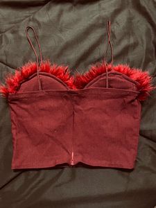Red Fur Trim Crop Top