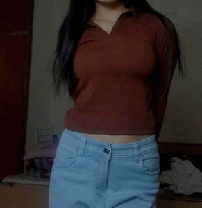 Zara Sea Green  +v Neck Brown Top Combo