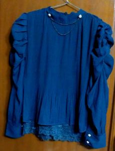 Elegant Blue Blouse with Pearl Detail