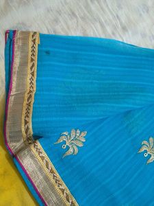 Blue Sari with Gold Embroidery
