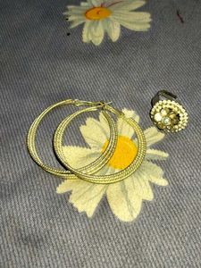 Gold Hoop Earrings & Flower Ring Set
