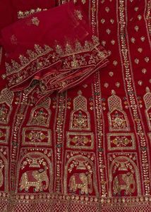 Red &amp; Gold Embroidered Lehenga Fabric