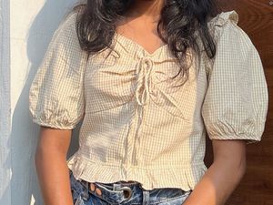 Gingham Puff Sleeve Tie-Front Crop Top