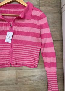 Pink Striped Zip-Up Cardigan