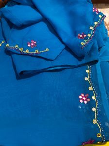 Blue Floral Mirror Work Saree