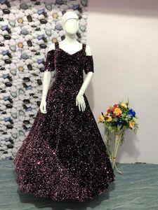 Wine Colour Sequence Gown  Size Xxl 44 Bust . Front Back Same Sequence Work . Party Wear Gown