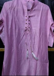 Dusty Rose Lace-Up Cotton Kurti with Tassels