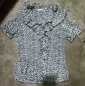 Pleated Ruffle Neck Animal Print Top