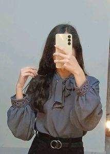 Chic Gray Tie-Neck Blouse