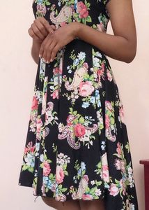 Women's Umberlla Cut Floral Print Black Frock