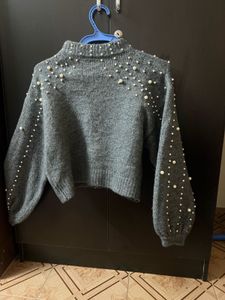 Gray Pearl Embellished Sweater