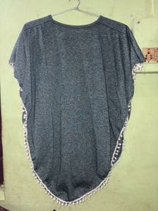 Gray Pom-Pom Trim Cape Top