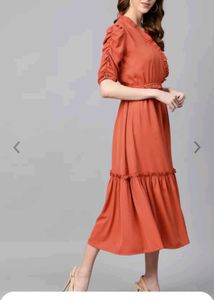 Elegant Rust-Orange Midi Dress with Puff Sleeves a