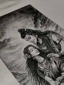 Lord Shiv Parwati Charcoal Drawing