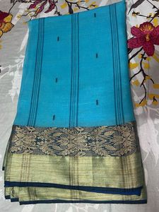Cyan Color Saree with (blue) Gold Border