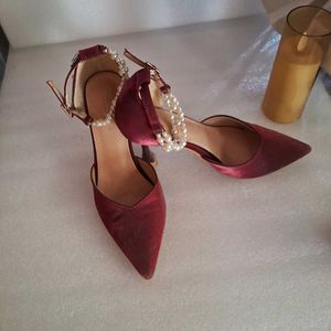 Burgundy Heels with Pearl Ankle Strap