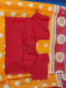Orange &amp; Red Pure Cotton Saree With Blouse