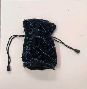 Black Beaded Drawstring Potli Bag Pouch