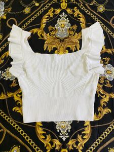 Korean Cute White Ruffle Knit Cropped Top Bust 34